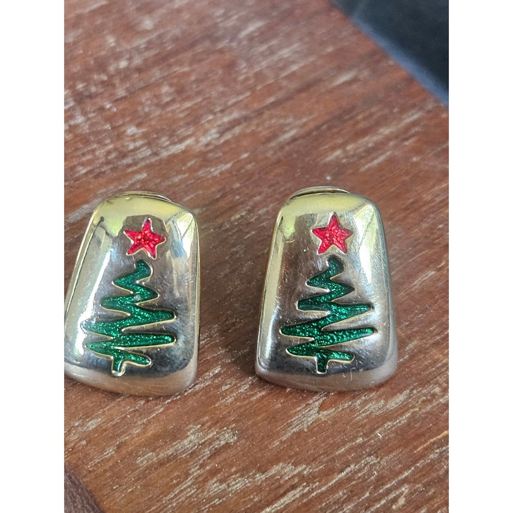 Vintage Christmas Tree Clip On Earrings SilverTone Enamel Red Star Holiday Retro